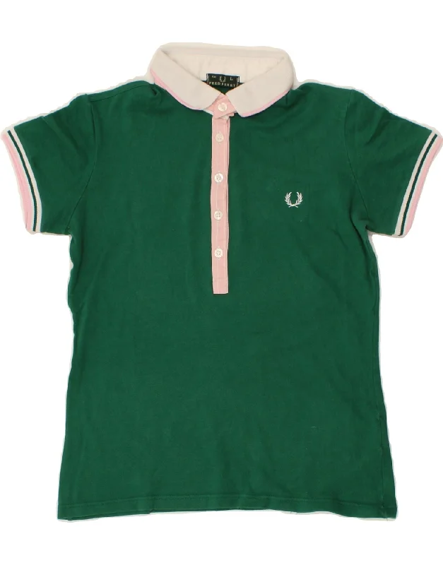 FRED PERRY Womens Polo Shirt UK 14 Large Green Cotton Elegant Longline Short Shirt