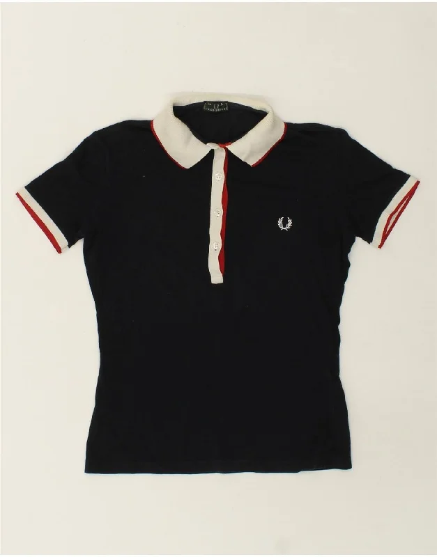 FRED PERRY Womens Polo Shirt UK 14 Large Navy Blue Colourblock Cotton Classic Button-Up Short Tee