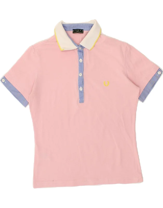 FRED PERRY Womens Polo Shirt UK 14 Large Pink Colourblock Cotton Comfortable Short Sleeve Tee