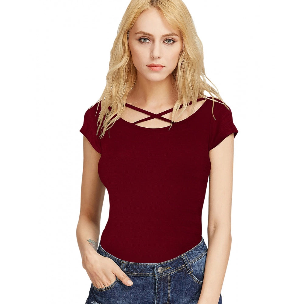 Generic Women's Western Wear Hosiery T Shirts (Maroon) Soft Silk Short Sleeve