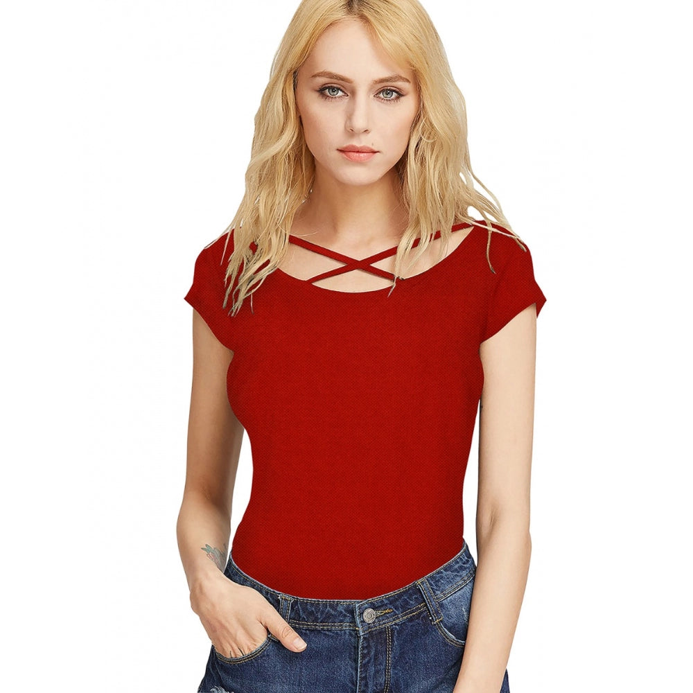 Generic Women's Western Wear Hosiery T Shirts (Red) Comfortable Fitted Short Sleeve