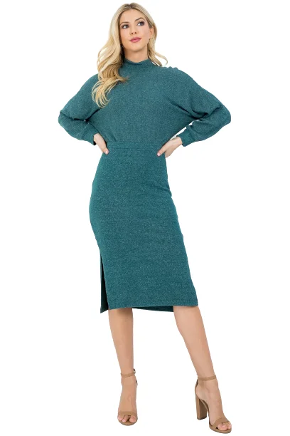 Green Turtle Neckline Cuffed Long Sleeve Knitted Midi Dress - Pack of 6 Fashionable Floral Embroidery Midi Dress