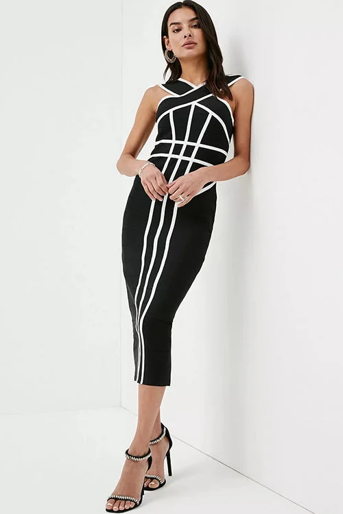 Black Bandage Dress Bandage Midi Dress with Slit Striped Dress Comfortable Geometric Print Midi Dress