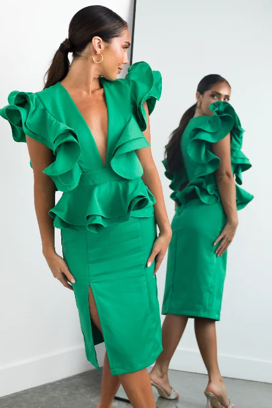 Kelly Green Deep V Neck Ruffle Midi Dress Trendy Long Sleeve Midi Dress