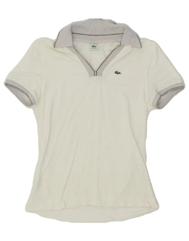 LACOSTE Womens Polo Shirt Size 40 Medium White Lyocell Cozy Striped Short Sleeve