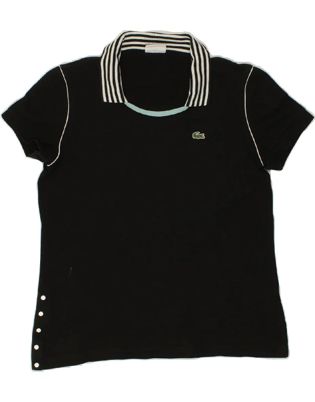 LACOSTE Womens Polo Shirt Size 44 Large Black Cotton Stylish Striped Short Sleeve