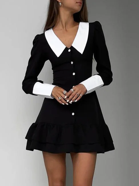 Lapel Color Block Black Mini Dress Classic Floral Mini Dress