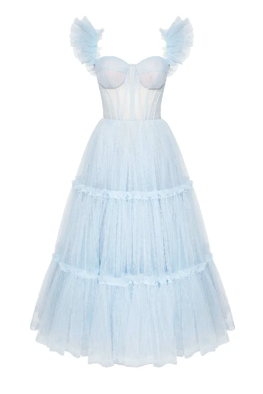 Light Blue Ruffled Tulle Midi Dress Fashionable Sheer Sleeve Midi Dress