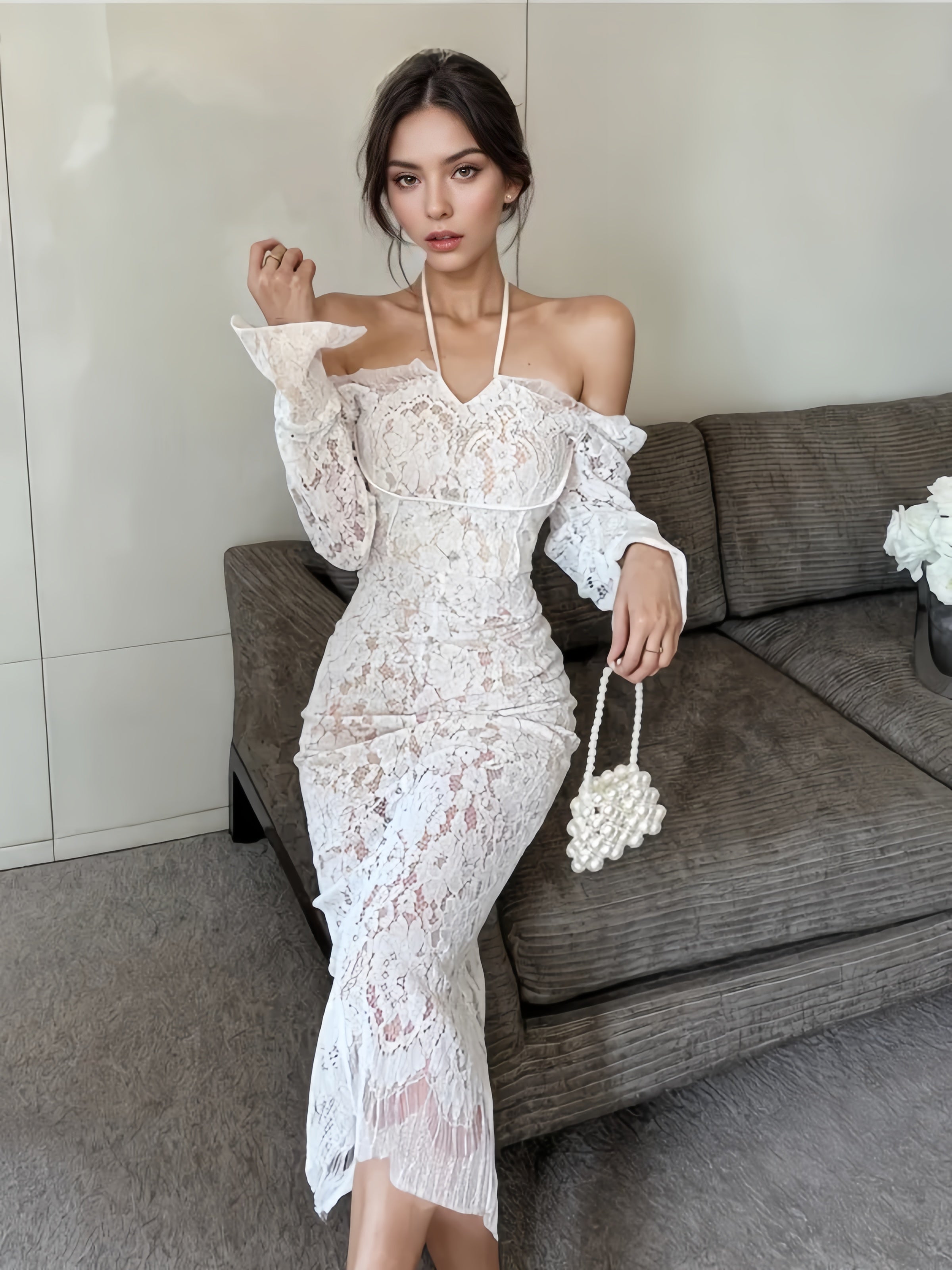 Long Sleeve Off-Shoulder White Lace Midi Dress Fashionable A-Line Midi Dress