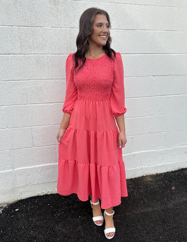 Loved By You Smocked Tiered Midi Dress Coral Classic Black Midi Dress