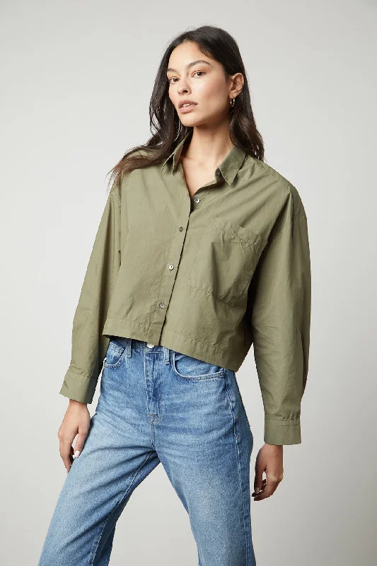 LUCILLE CROPPED BUTTON-UP SHIRT Relaxed Fit Short Sleeve Top