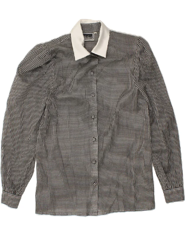 LUISA SPAGNOLI Womens Shirt IT 42 Medium Grey Gingham Polyester Chic Button-Up Short Shirt