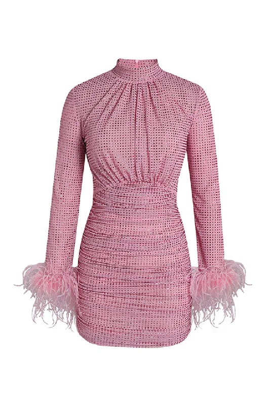 Luxury Feather Trim Long Sleeve Ruched Rhinestone Mesh Party Mini Dress Trendy Wraparound Mini Dress