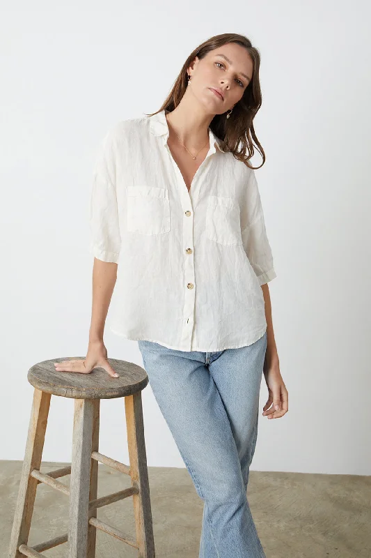 MARIA LINEN BUTTON-UP SHIRT Casual Loose Short Sleeve