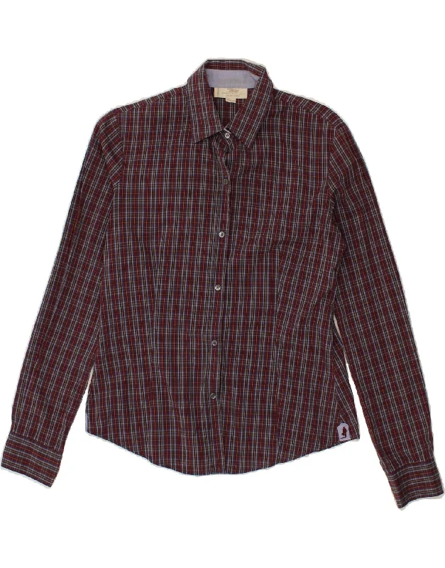 MARLBORO CLASSICS Womens Shirt IT 42 Medium Burgundy Check Cotton Casual Slouchy Short Sleeve