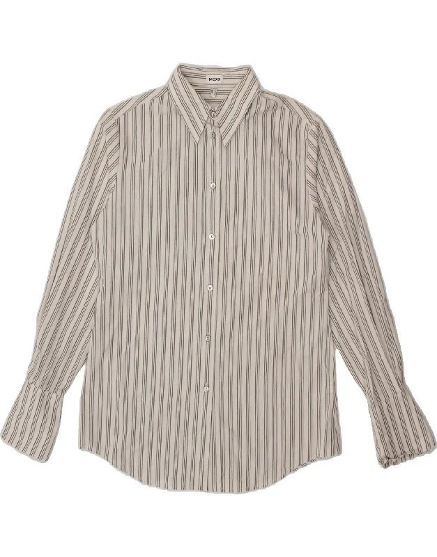 MEXX Womens Shirt UK 12 Medium Off White Striped Cotton Cozy Loose Fit Short Sleeve