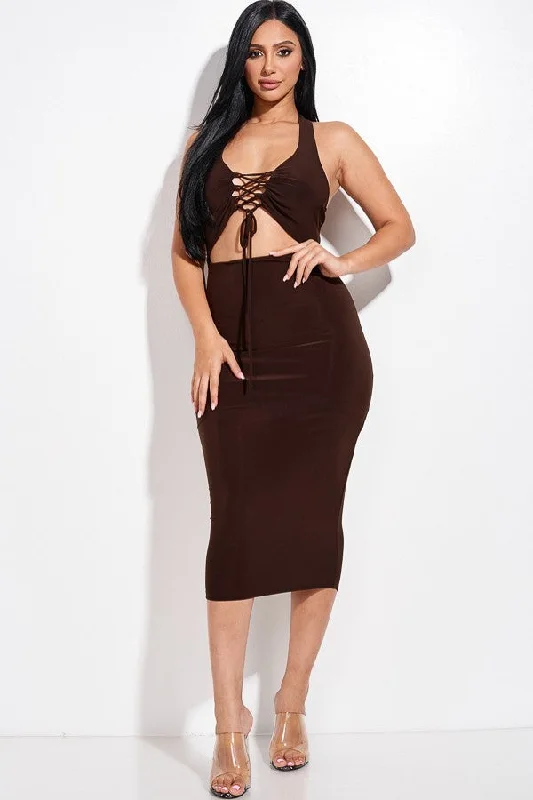 Solid Halter Neck Midi Dress With Criss Cross Front And Cutout Stylish Midi Dress with Cuffs