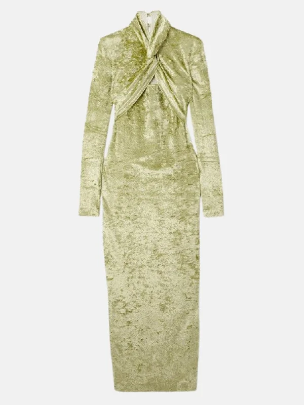 Twist Front Crushed Velvet Midi Dress Green Stylish Midi Dress with Cuffs