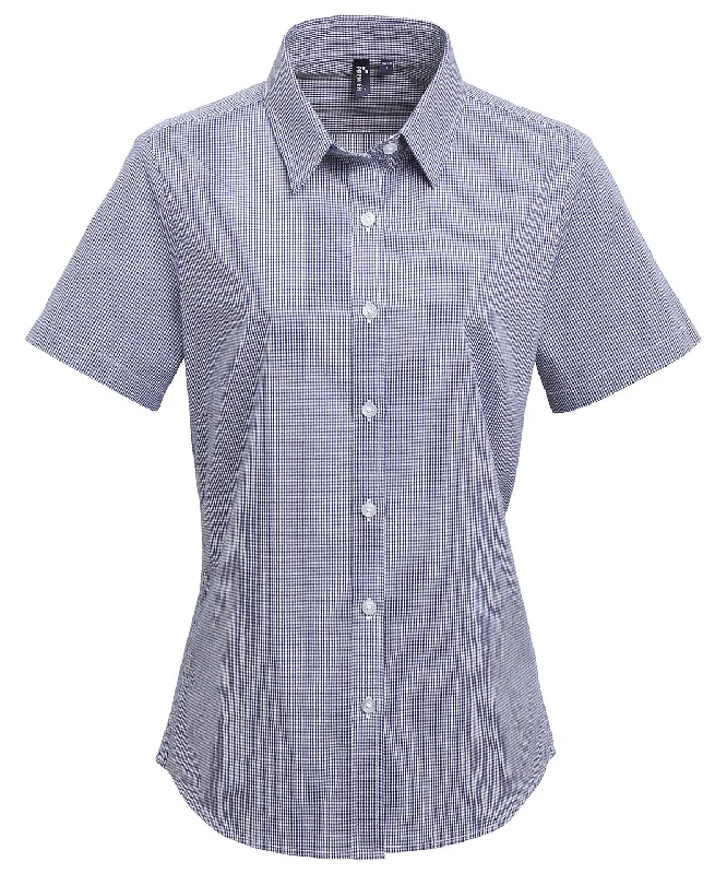 Navy/White - Women's Microcheck (Gingham) short sleeve cotton shirt Relaxed Fit Short Blouse Navy/White - Women's Microcheck (Gingham) short sleeve cotton shirt Relaxed Fit Short Blouse