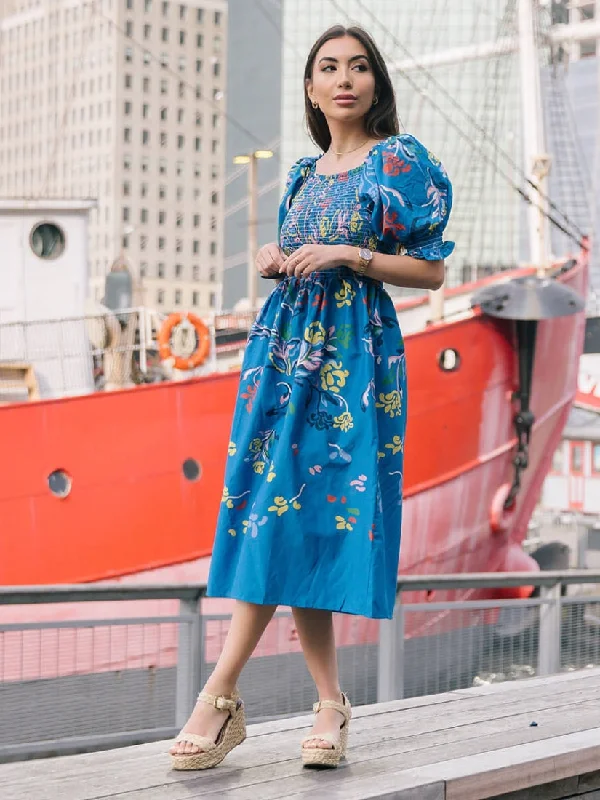 Night Flower Smocked Cotton Silk Midi Dress Elegant Puff Sleeve Midi Dress