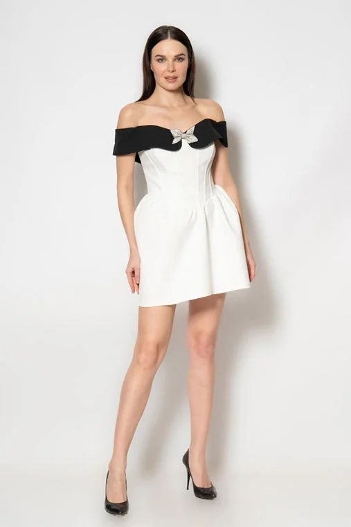 Off-Shoulder Black Collar Mini Dress - White Trendy Camisole Mini Dress