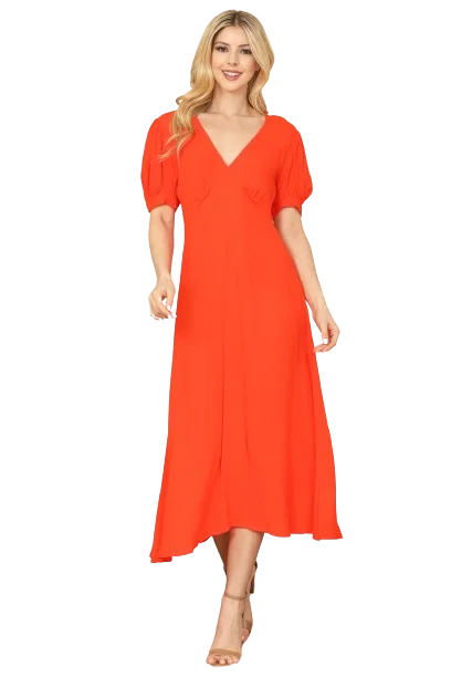 Orange Solid Puff Short Sleeve V Neck Midi Dress - Pack of 5 Fashionable Fitted Midi Dress