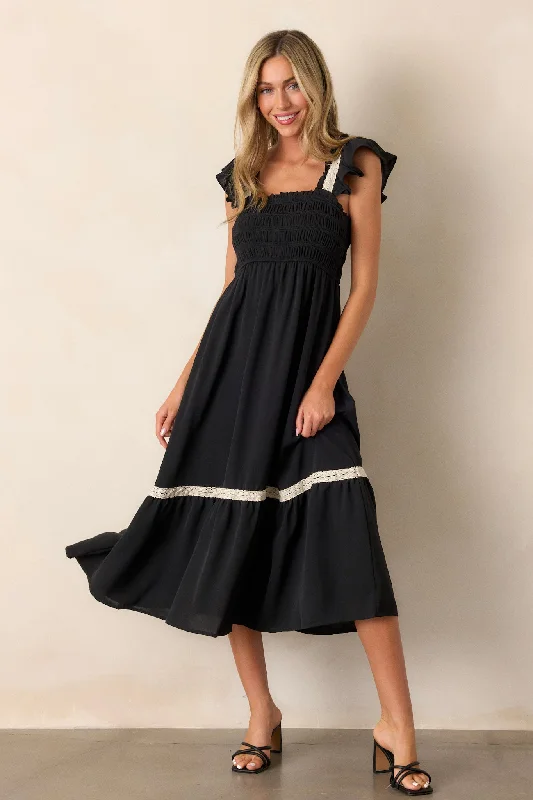 Over the Hills Black Smocked Midi Dress Fashionable Chiffon Midi Dress