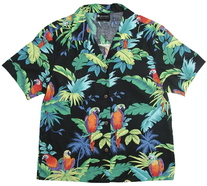 Paradise Parrots Ladies Tropical Hawaiian Aloha Camp Shirt in Black Soft Silk Short Sleeve Paradise Parrots Ladies Tropical Hawaiian Aloha Camp Shirt in Black Soft Silk Short Sleeve