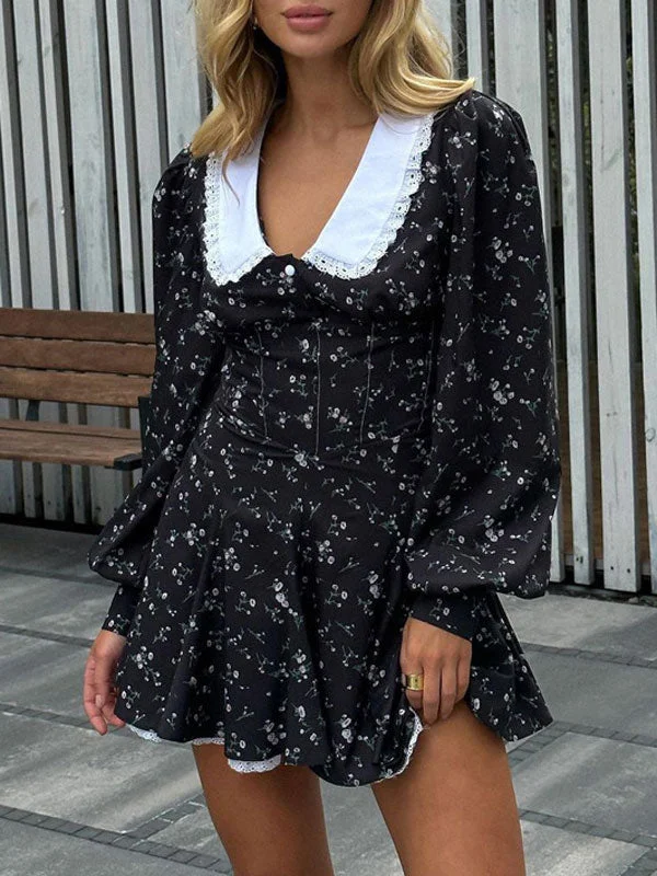 Peter Pan Collar Printed Black Mini Dress Stylish Short Sleeve Mini Dress