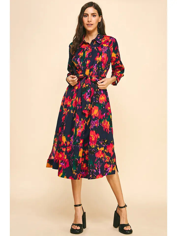 BUTTON DOWN MIDI DRESS Fashionable Floral Embroidery Midi Dress