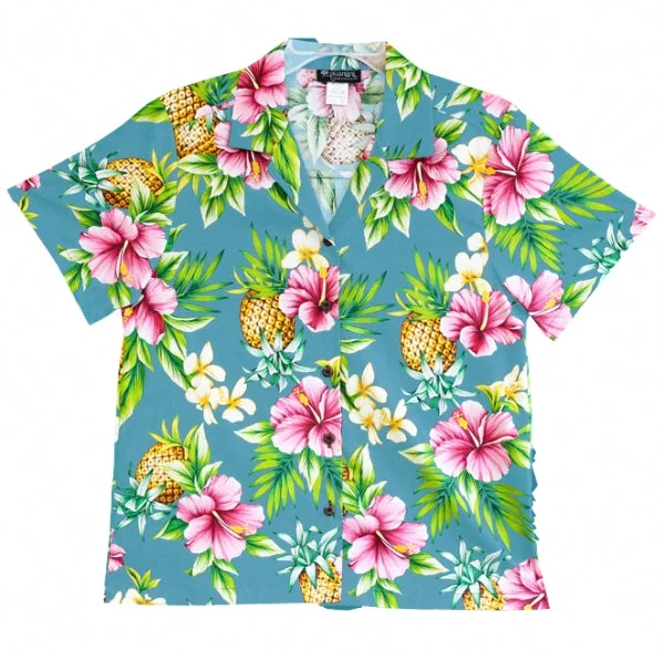 Pineapple Party Ladies Tropical Hawaiian Camp Shirt in Slate Modern Casual Short Sleeve Pineapple Party Ladies Tropical Hawaiian Camp Shirt in Slate Modern Casual Short Sleeve