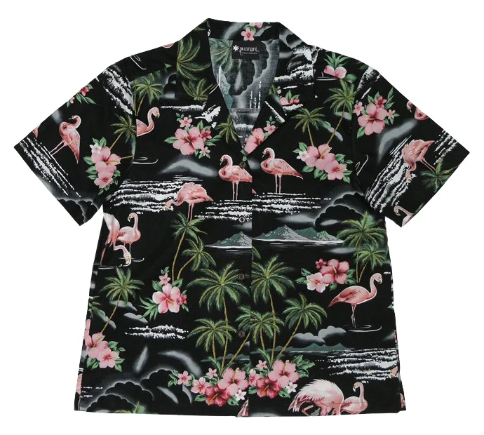 Pink Flamingo Ladies Tropical Hawaiian Aloha Camp Shirt in Black Cozy Plain Short Sleeve Pink Flamingo Ladies Tropical Hawaiian Aloha Camp Shirt in Black Cozy Plain Short Sleeve