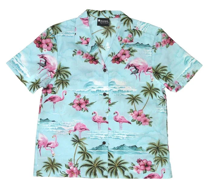 Pink Flamingo Ladies Tropical Hawaiian Aloha Camp Shirt in Blue Relaxed Cotton Short Shirt Pink Flamingo Ladies Tropical Hawaiian Aloha Camp Shirt in Blue Relaxed Cotton Short Shirt