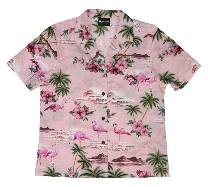 Pink Flamingo Ladies Tropical Hawaiian Aloha Camp Shirt in Pink Soft Flowing Short Shirt Pink Flamingo Ladies Tropical Hawaiian Aloha Camp Shirt in Pink Soft Flowing Short Shirt