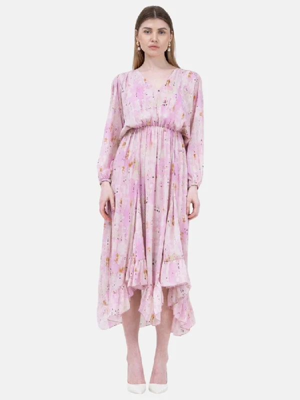 Pink Midi Dress In Abstract Print With Pleats Trendy Ruched Side Midi Dress