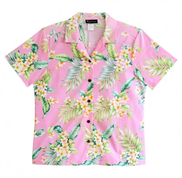 Plumeria Tropics Ladies Tropical Hawaiian Camp Shirt in Pink Comfortable Stretch Short Shirt Plumeria Tropics Ladies Tropical Hawaiian Camp Shirt in Pink Comfortable Stretch Short Shirt