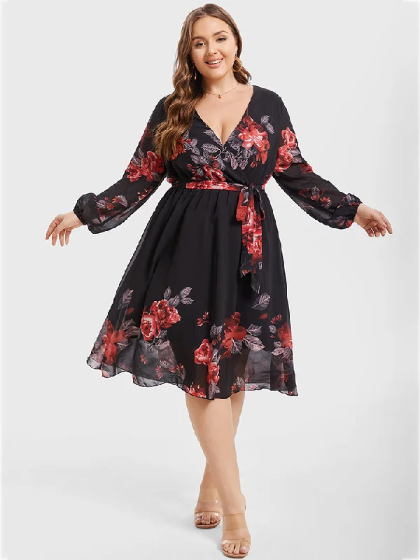 Plus Floral Crisscross Wrap Midi Dress Elegant Floral Skirt Midi Dress