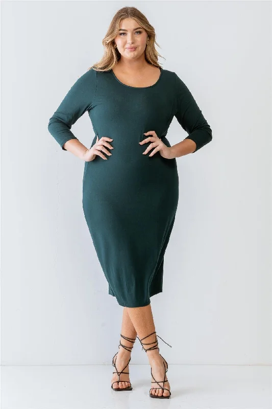 Junior Plus Size Green Basic Long Sleeve Midi Dress /1-2-2-1 Trendy A-Line Midi Dress