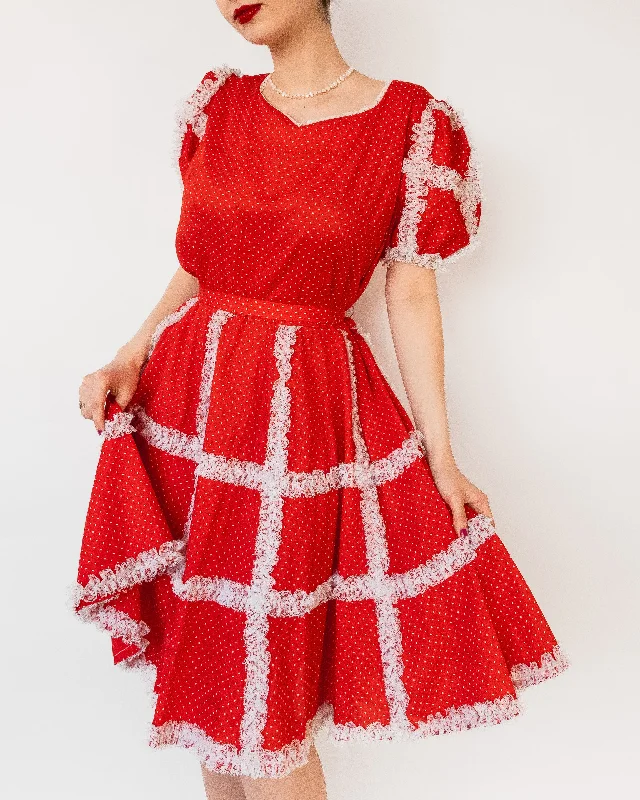 Polka Dot A-line Lace Trim Midi Dress with Puff Sleeves Red Fashionable High-Neck Midi Dress