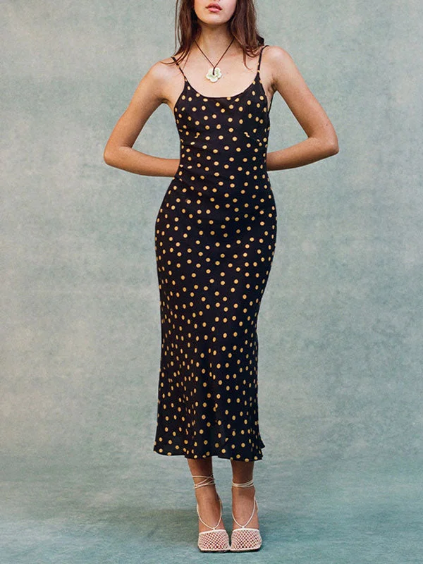 Polka Dot Print V Neck Black Midi Dress Trendy Shift Midi Dress