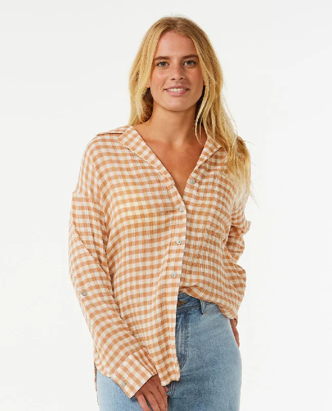 Premium Surf Check Long Sleeve Button Up Shirt Comfortable Peplum Short Shirt
