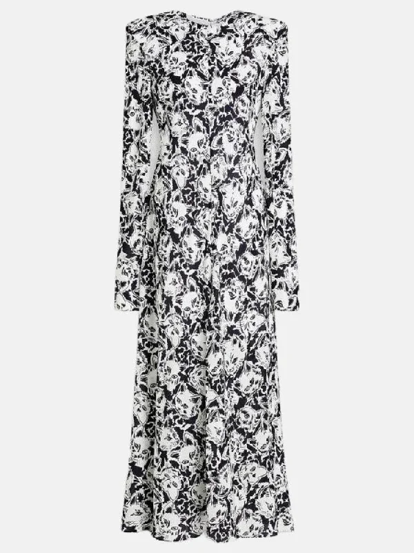 Printed Silk Crepe de Chine Midi Dress Elegant V-Neck Midi Dress