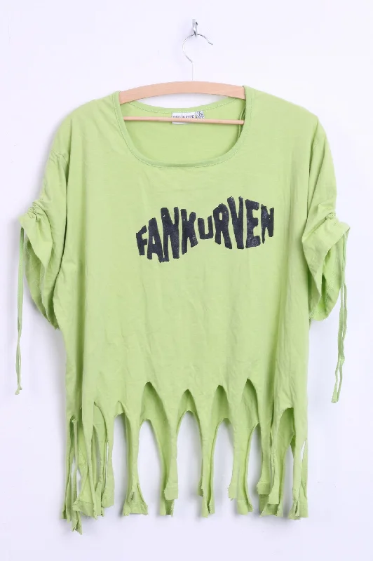 Queen -Size Womens 2XL 48/50 Shirt Neo Green Fringe Fankurven Cotton Festival Vintage 90s Stylish Round Neck Shirt