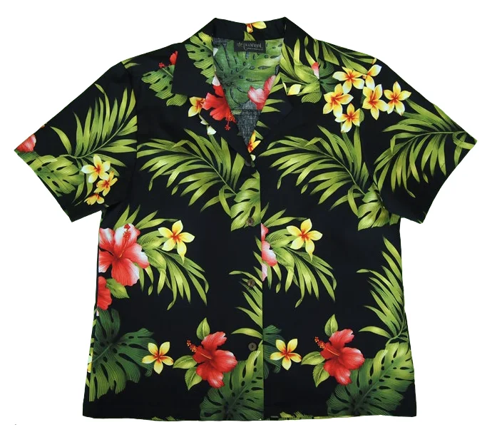 Rainforest - Ladies Tropical Camp Hawaiian Aloha Shirt in Black Casual Button-Down Short Shirt Rainforest - Ladies Tropical Camp Hawaiian Aloha Shirt in Black Casual Button-Down Short Shirt