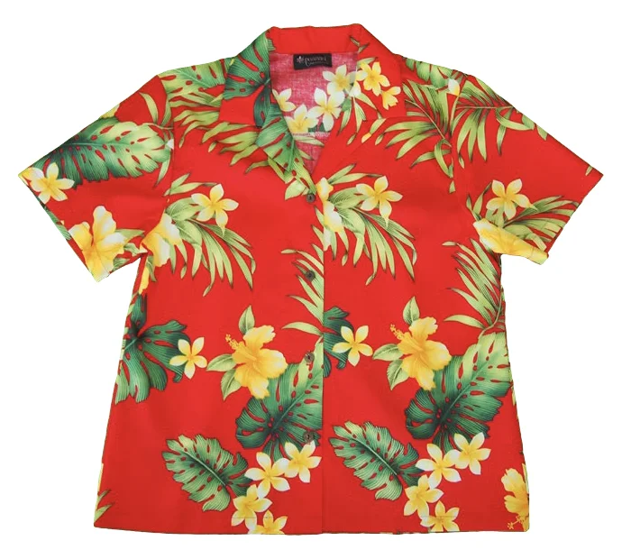 Rainforest - Ladies Tropical Camp Hawaiian Aloha Shirt in Red Classic Solid Short Shirt Rainforest - Ladies Tropical Camp Hawaiian Aloha Shirt in Red Classic Solid Short Shirt