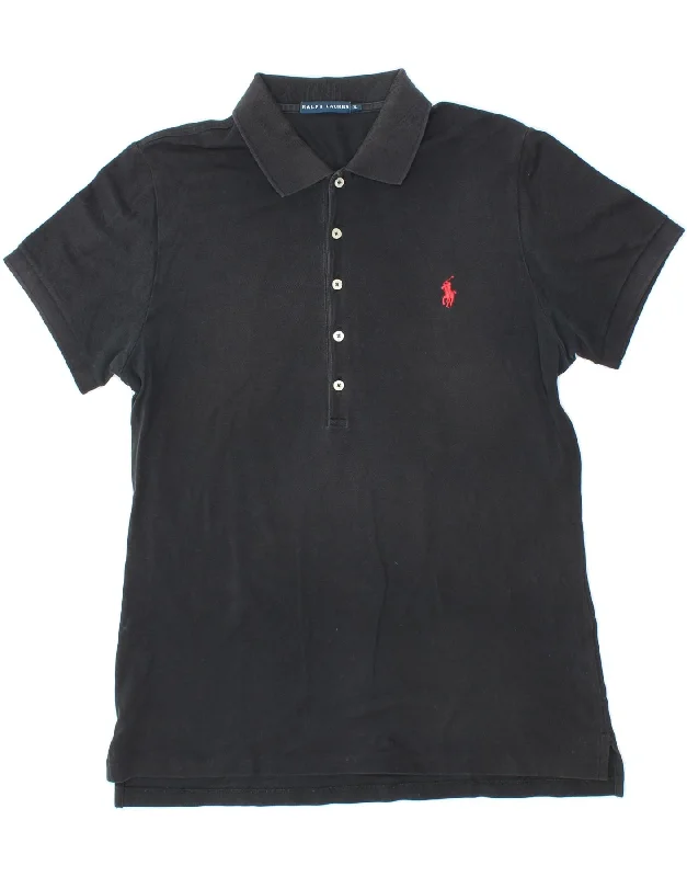 RALPH LAUREN Womens Polo Shirt UK 18 XL Black Cotton Classic Solid Short Shirt