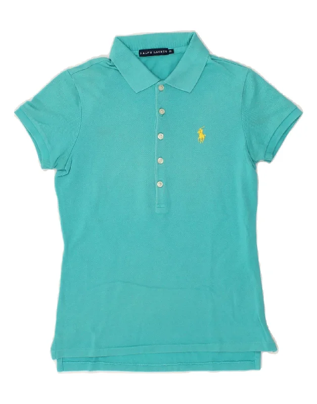 RALPH LAUREN Womens Polo Shirt UK 6 XS Turquoise Cotton Elegant Off-Shoulder Short Shirt