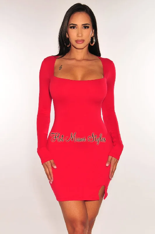 Red Long Sleeve Square Neck Mini Dress Elegant Silk Mini Dress