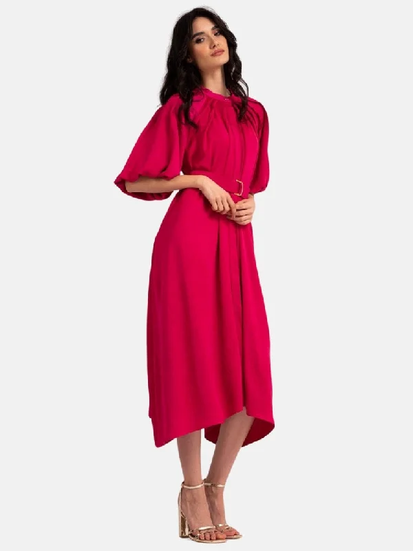 Fuchsia Midi Dress with Raglan Sleeve and Pleats Comfortable Button Front Midi Dress