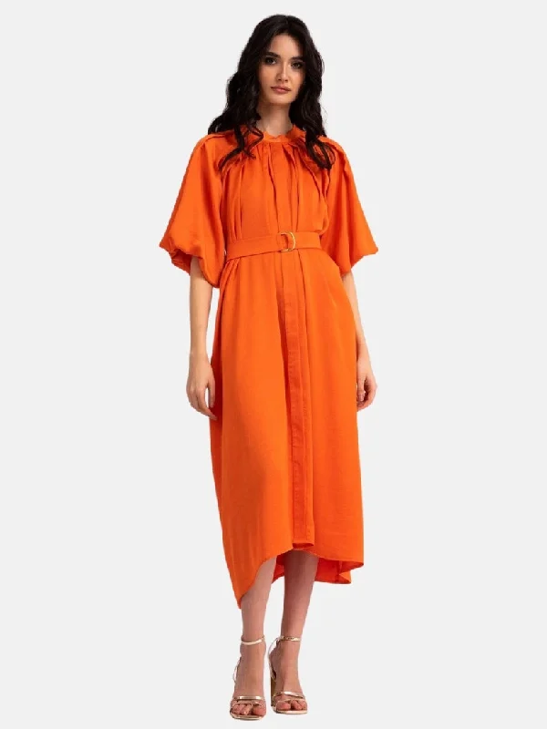 Orange Midi Dress with Raglan Sleeve and Pleats Stylish Long Sleeve Floral Midi Dress